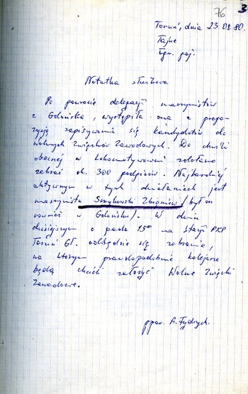 Notatka służbowa z dnia 23.09.1980 r. informująca o próbie utworzenia Wolnych Związków Zawodowych przez kolejarzy w Toruniu. /Ze sprawy kryptonim „Truman”/