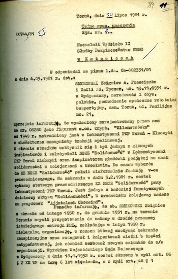 Pismo do KW MO w Katowicach informujące o działalności opozycyjnej jednego z czołowych działaczy „Solidarności” przy Lokomotywowni PKP w Toruniu. /Ze sprawy kryptonim „Truman”/
