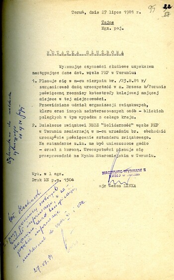 Notatka służbowa z dnia 27.07.1981 r. dotycząca obchodów rocznicy katastrofy kolejowej pod Toruniem oraz uroczystości poświęcenia sztandaru związkowego. /Ze sprawy kryptonim „Truman”/