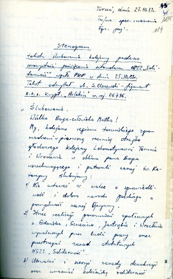 Stenogram ślubowania kolejarzy podczas uroczystości poświęcenia sztandaru./Ze sprawy kryptonim „Truman”/