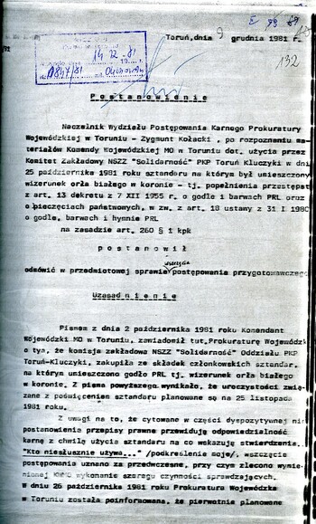 Postanowienie Wiceprokuratora Wojewódzkiego o odmowie wszczęcia postępowania przygotowawczego. /Ze sprawy kryptonim „Truman”/