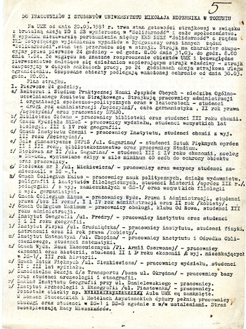 Odezwa Ogólnouczelnianego Komitetu Strajkowego Uniwersytetu Mikołaja Kopernika w Toruniu z 28.03.1981 r.