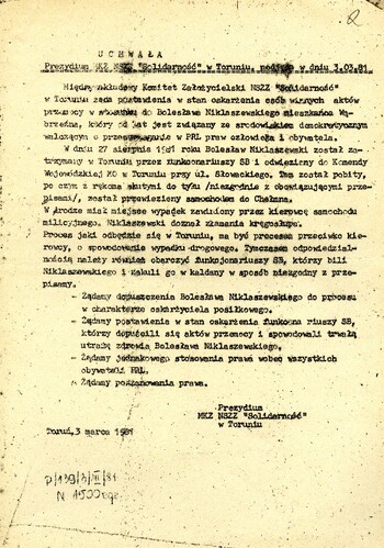 Uchwała Prezydium MKZ NSZZ „Solidarność” w Toruniu z 3 marca 1981 r.
