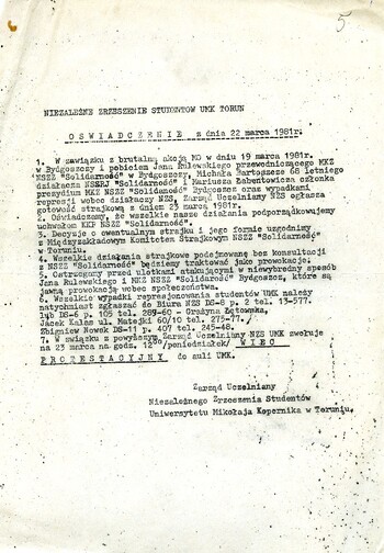 Oświadczenie Zarządu Uczelnianego NZS UMK w Toruniu z dnia 22 marca 1981 r.