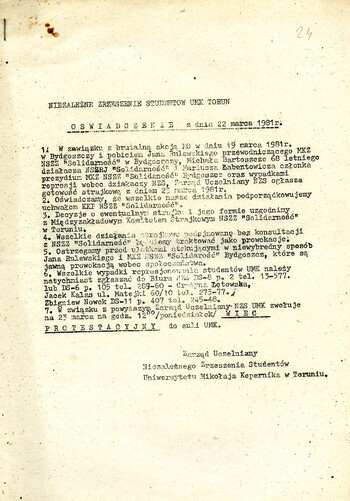 Oświadczenie Zarządu Uczelnianego NZS UMK w Toruniu z dnia 22 marca 1981 r.