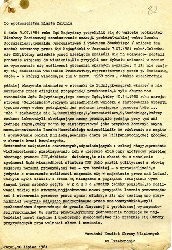 Odezwa Toruńskiego Komitetu Obrony Więzionych za Przekonania