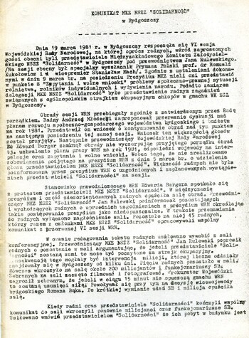 Komunikat MKZ NZSS „Solidarność” o wydarzeniach w Bydgoszczy w dniu 19.03.1981 r.