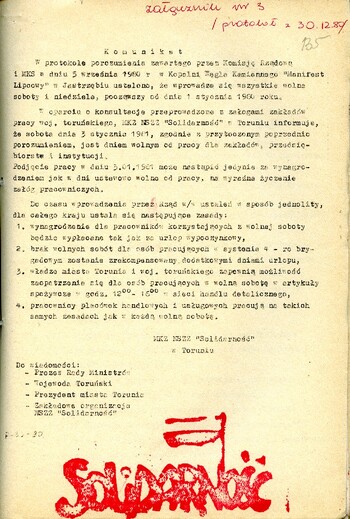 Komunikat MKZ NSZZ „Solidarność w Toruniu