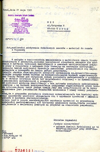 Pismo NSZZ „Solidarność” przy ZWCh „ELANA” w sprawie zdobywania dodatkowych zawodów.