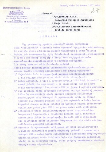 Uchwała NSZZ „Solidarność” przy Sądzie Rejonowym w Toruniu 24.03.1981 r.