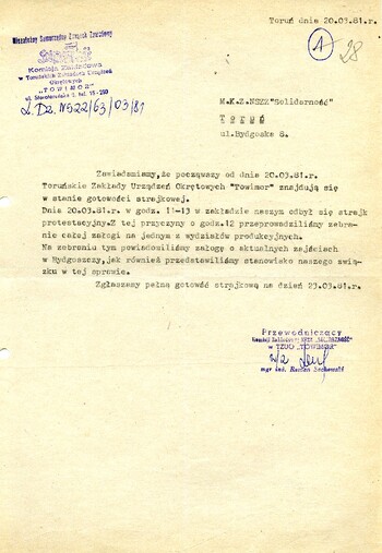 Informacja o stanie gotowości strajkowej w Toruńskich Zakładach Urządzeń Okrętowych „Towimor” 20.03.1981 r.