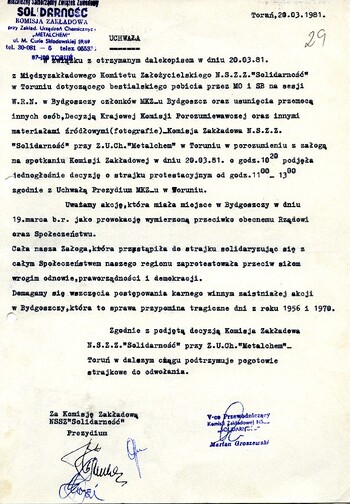 Uchwała NSZZ „Solidarność” przy Zakładach „METALCHEM”