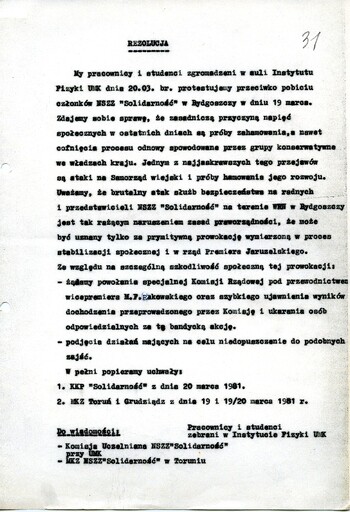 Rezolucja Pracowników i studentów Instytutu Fizyki UMK 20.03.1981 r.