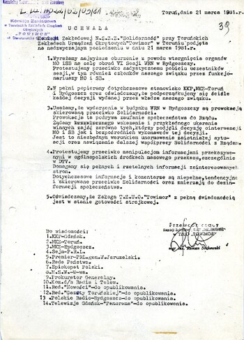 Uchwała NSZZ „Solidarność” przy Zakładach „Towimor” 21.03.1981 r.
