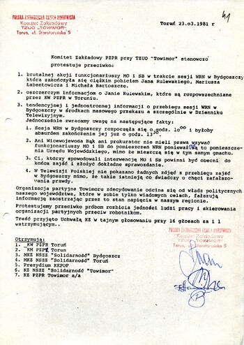 Rezolucja KZ PZPR przy Zakładach „Towimor” 23.03.1981 r.