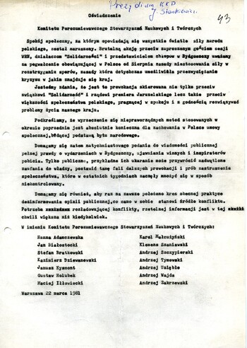 Oświadczenie Komitetu Porozumiewawczego Stowarzyszeń Naukowych i Twórczych 22.03.1981 r.