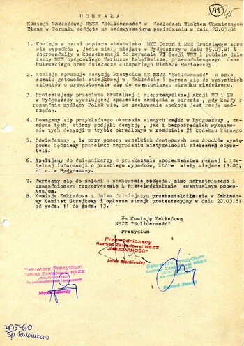 Uchwała KZ NSZZ „Solidarność ”przy ZWCh „ELANA” 20.03.1981 r.