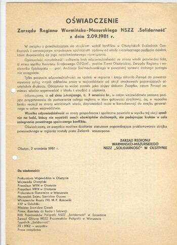 Oświadczenie Zarządu Regionu Warmińsko-Mazurskiego NSZZ "Solidarność" z dnia 2 IX 1981 r.