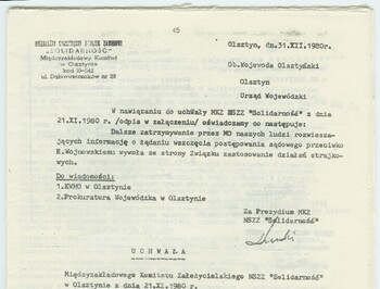 Oświadczenie NSZZ "Solidarność" nawiązujące do uchwały z dnia 21 XI 1980 r.
