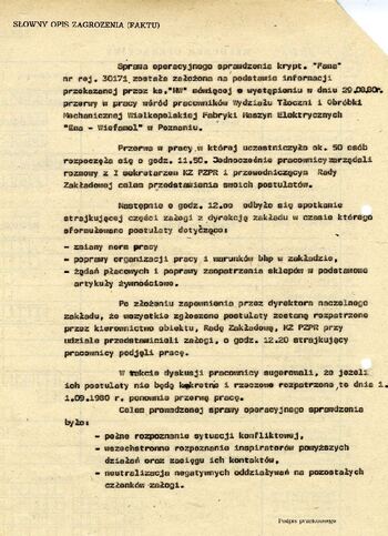 Dokumenty SB dotyczące strajku w dniu 29.08.1980 w Wielkopolskiej Fabryce Maszyn Elektrycznych - Wiefamel #2