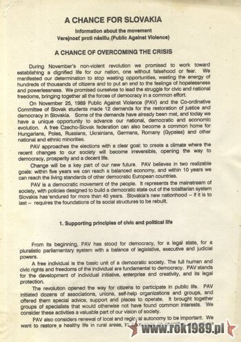 Ulotka Społeczeństwa Przeciwko Przemocy (Verejnosť proti násiliu, VPN)