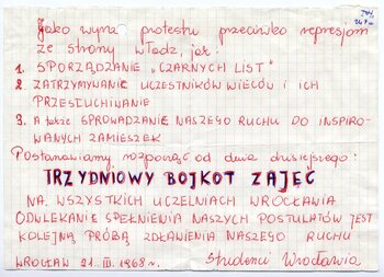 Ogłoszenie studentów dot. wprowadzenia trzydniowego bojkotu zajęć na wszystkich uczelniach Wrocławia