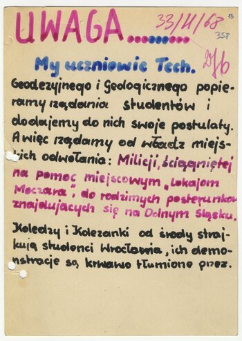 Ulotka popierająca protest studentów z Warszawy