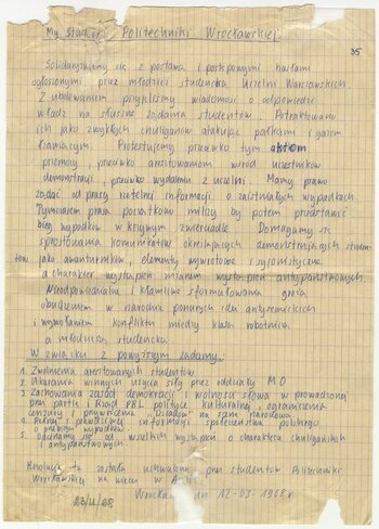 Uchwała studentów Politechniki Wrocławskiej dot. poparcia postulatów studentów uczelni warszawskich